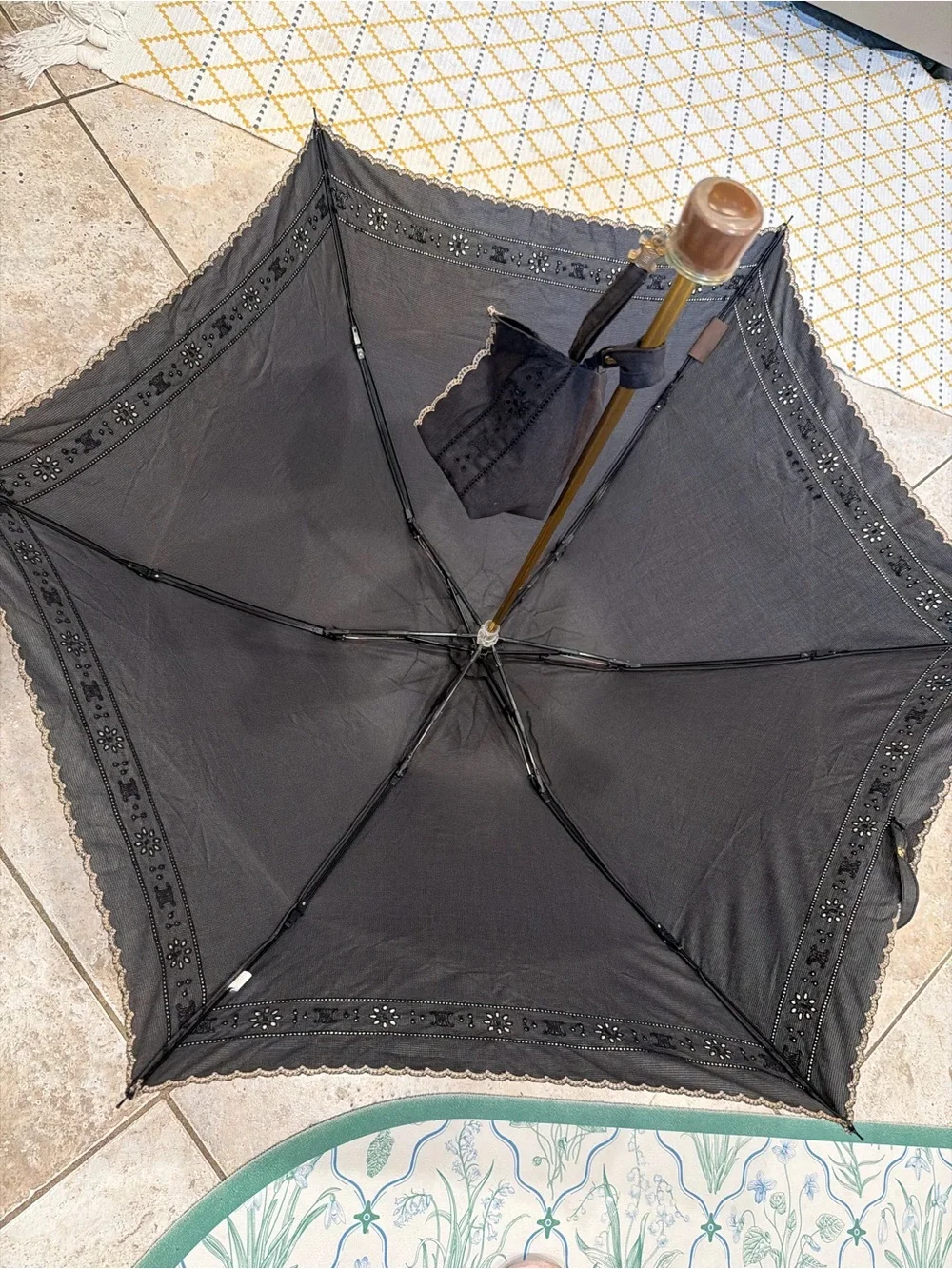 Celine Black Compact Umbrella with Gold Lace Trim - Picture 11 of 14